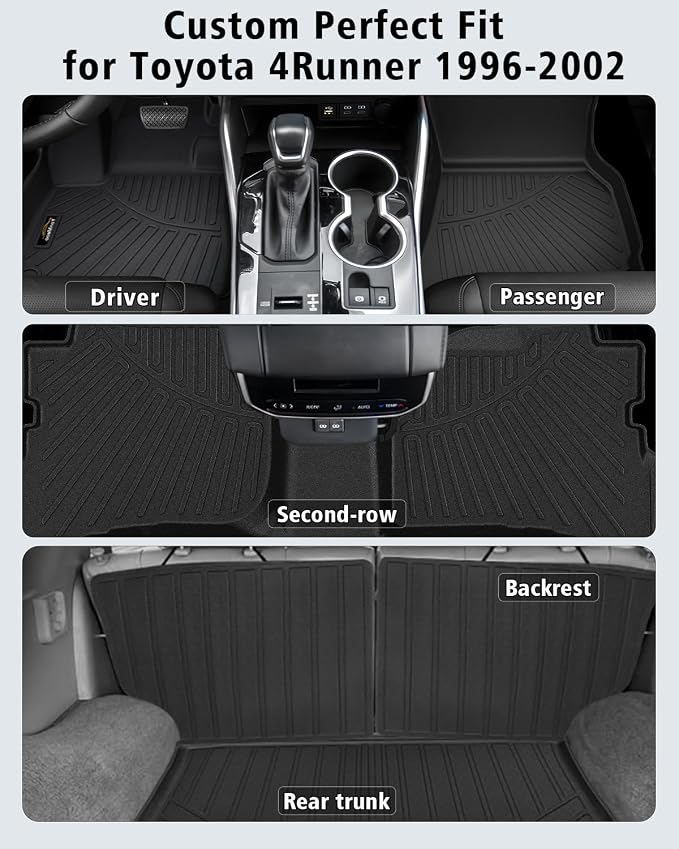 Floor Mats Custom for Toyota 4Runner 1996 1997 1998 1999 2000 2001 2002 Trunk Mat & Backrest Mat All Weather TPE Rubber Cargo Liner Full Set Floor Liners for 3rd Gen 4Runner Accessories, Black