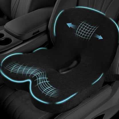 Car Seat Cushion, Memory Foam Driving Cushion with Adjustable Strap, Ergonomic Pad for Car & Semi Truck, Office Chair Cushion for Sciatica & Lower Back Pain Relief, Black