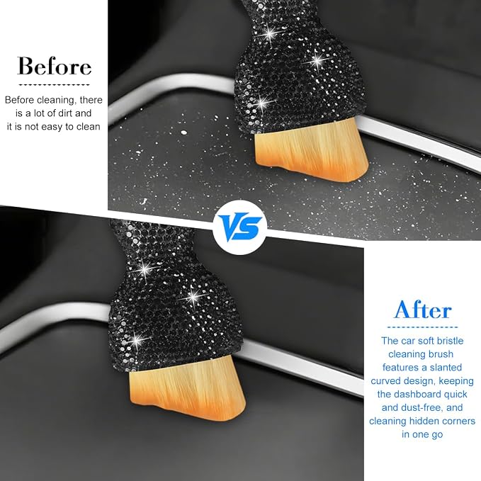 Bling Car Detailing Brush, Crystal Rhinestone Non-Scratch Vehicle Cleaning Dust Brush for Air Vent & Dashboard, Soft Bristles Automotive Interior Cleaning Tool, Universal Fit (Black)