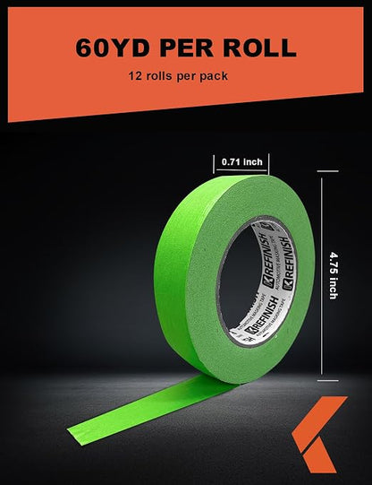 KREFINISH Painters Tape for Car - Green No Residue Automotive Masking Tape - Heat Resistant for Paint Booth, 0.7 Inches X 60 Yards, 12 Rolls