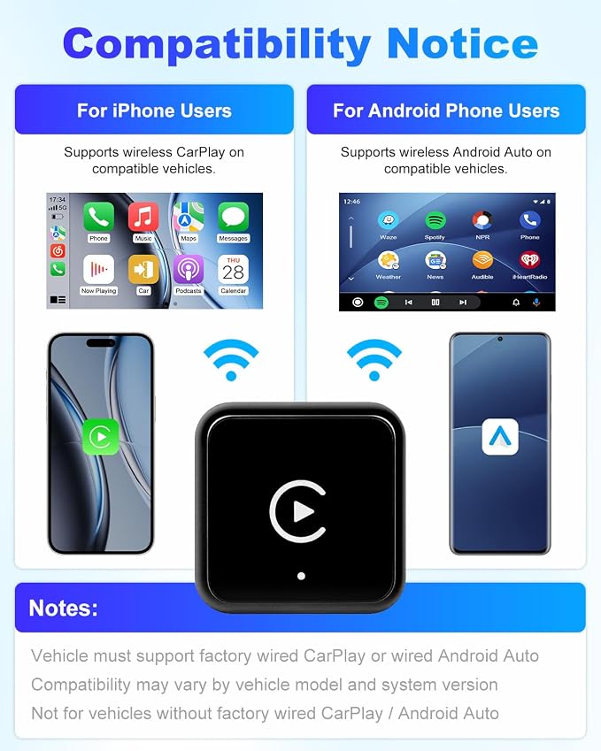2026 Wireless CarPlay & Android Auto Adapter, 2-in-1 Wired to Wireless Dongle, Fast Auto-Connect, Stable Connection, Mini Plug & Play USB Adapter for Factory Wired Cars