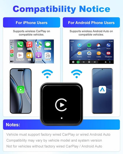 2026 Wireless CarPlay & Android Auto Adapter, 2-in-1 Wired to Wireless Dongle, Fast Auto-Connect, Stable Connection, Mini Plug & Play USB Adapter for Factory Wired Cars