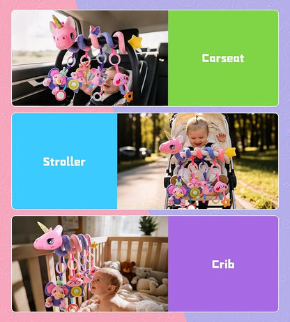 Musical Car Seat Toy for Babies 0-12 Months Girl, 5-in-1 Sensory Activity Hanging Toy Stroller Toy with Soothing Music, Rattle, Mirror for Newborn Infants Essential Gifts, Unicorn