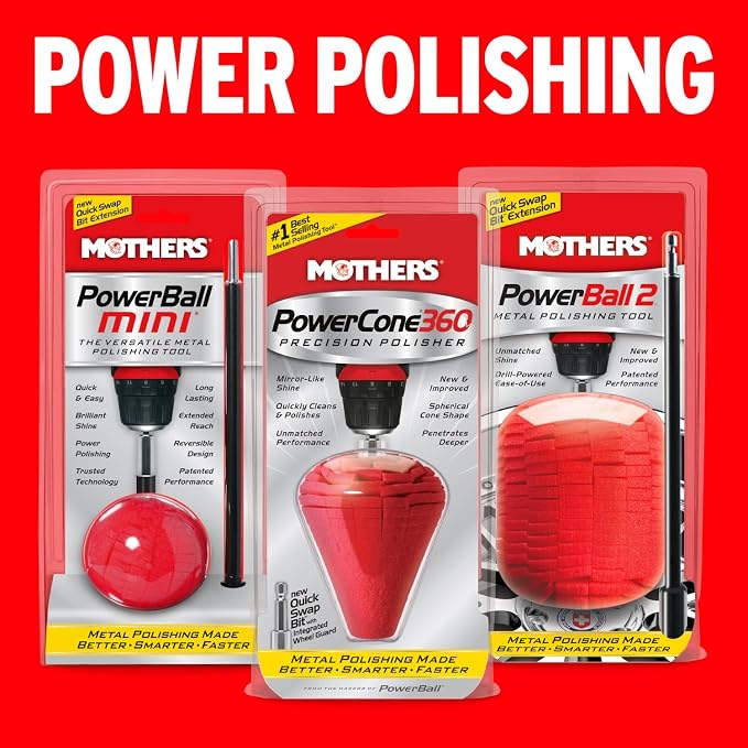 Mothers PowerCone 360, Polishing Tool with Quick Swap Bit — Patented Spherical Cone for Deep, Safe Metal Polishing in Hard-to-Reach Areas — Ideal for Wheels & Curved Surfaces (05146)