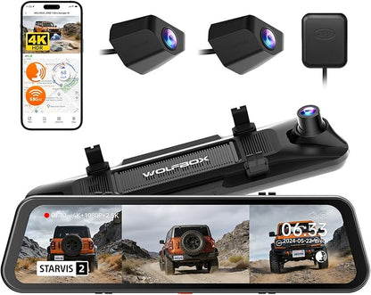 WOLFBOX G900 Tripro Bumper-N 3 Channel 4K Mirror Dash Cam, 4K+2.5K+1080P Front Rear & Bumper Camera,8MP STARVIS 2 IMX 678 Night Vision,12" Smart Screen for Off-Road & Blind Spot(SD Card Not Included)