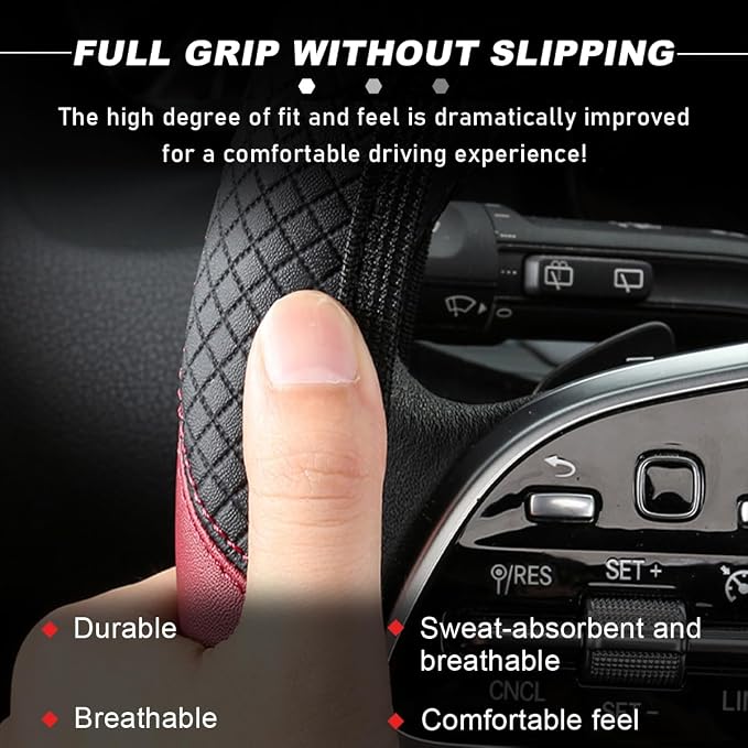 DXNQ Car Steering Wheel Cover, 15 Inch Carbon Fiber Leather Stitching Color Steering Wheel Protector, Anti-Slip Elastic Breathable Steering Wheel Cover Stylish Decor for Most Cars (Black&Khaki, AD)
