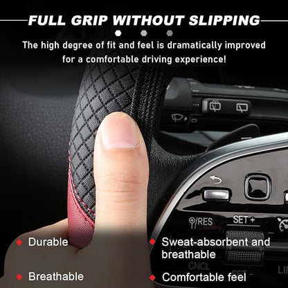 DXNQ Car Steering Wheel Cover, 15 Inch Carbon Fiber Leather Stitching Color Steering Wheel Protector, Anti-Slip Elastic Breathable Steering Wheel Cover Stylish Decor for Most Cars (Black&Khaki, AD)
