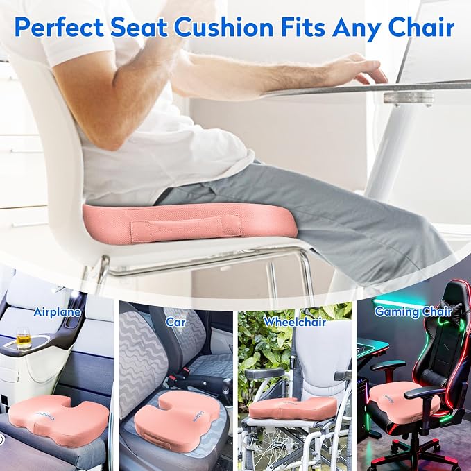 CushZone Seat Cushion, Office Chair Cushions, Car Seat Cushion, Non-Slip Sciatica & Back Coccyx Tailbone Pain Relief Chair Pad, Memory Foam (Pink)