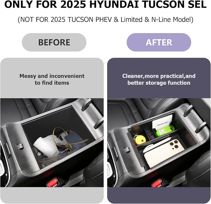 Center Console Organizer Compatible with 2025 2026 Hyundai Tucson SEL/SE Armrest Storage Box Armrest Console Organizer 2025 Tucson Accessories (ONLY FOR TUCSON SEL/SE/XRT,NOT FOR PHEV&Limited&N-Line)