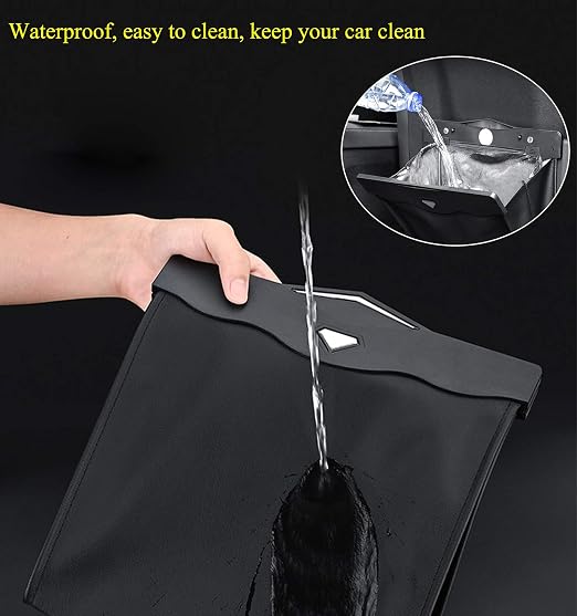 Car Trash Bin w/50pcs Trash Bag Smart LED Luxury Leather Garbage Can Folding Garbage Bin Waterproof Car Rubbish Bag Car Interior Garbage Can Office Toilet Trash Bin for Universal Vehicle-LARGE