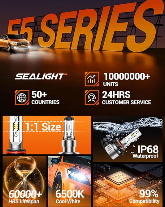 SEALIGHT H10 LED Fog Light Bulbs, 12000LM Strong Penetration 9040 9045 9140 9145 Fog Lights LED Bulbs Upgrade, 1:1 Size 6500K Cool White Fog Lights for Trucks Cars, Interior Lighting,Pack of 2