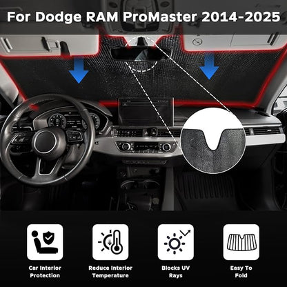 Car Windshield Sun Shade for 2014-2025 Dodge RAM ProMaster Full Size Cargo Van Chassis Cab Cutaway - 5-Layer Bubble Foldable Front Window Sunshade Sun Visor Accessories - Blocks Heat & UV Rays