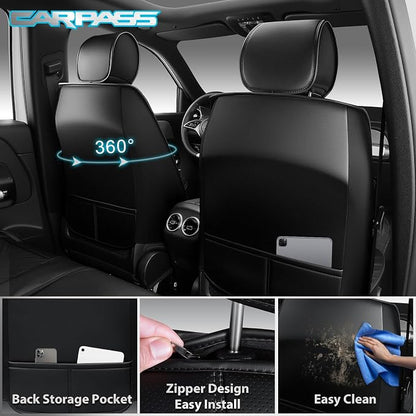 CAR PASS Nappa Leather Seat Covers 2, Waterproof Universal FIT Piping Leather Car seat Covers Front Seats, 3D Foam Front Seat Cover for Cars,SUV,Trucks Airbag Compatible Luxury&Comfort&Durable Black