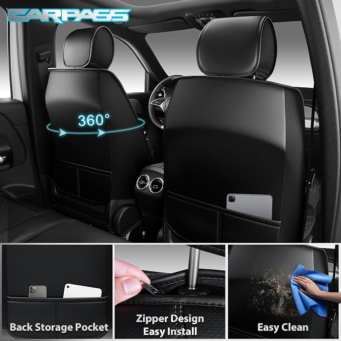 CAR PASS Universal Fit Piping Leather Seat Covers for Cars SUV Trucks, Waterproof Nappa Leather Car Seat Covers Full Set, 3D Foam Cushions Seat Cover Luxury&Comfort&Durable Airbag Compatible, Black