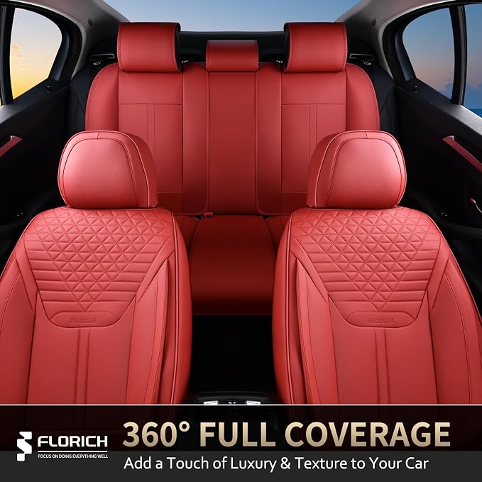 FLORICH Car Seat Covers for Front Seats, Universal Seat Cushion 2 Seats, Car Seat Protector Waterproof, Premium Leather Automotive Seat Covers for Most Cars, Sedans, SUVs, and Trucks-Red