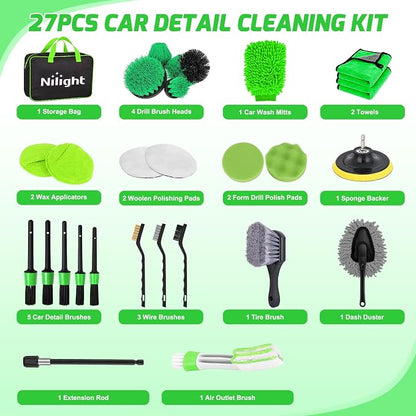 Nilight 27PCS Car Detailing Kit Auto Cleaning Tools Wash Set with Storage Carry Bag Home Use for Interior Exterior Deep Clean Polish Car Care Windshield Dashboard Seat Air Vents Wheels Tires, Green