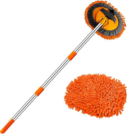 WillingHeart 47.5" Car Wash Brush Mop Cleaning Tool with Long Handle Kit for Washing Detailing Cars Truck, SUV, RV, Trailer, Boat 2 in 1 Chenille Microfiber Sponge Duster Not Hurt Paint Scratch Free
