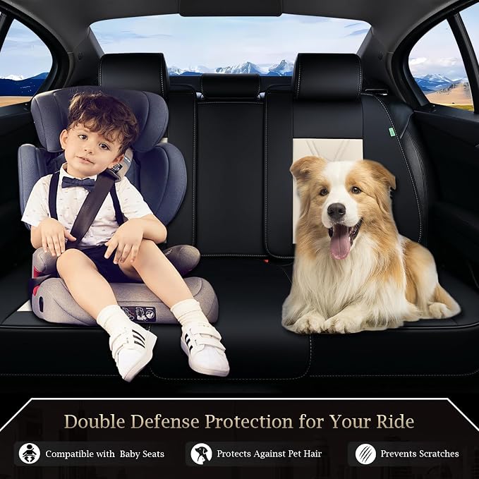 FLORICH Rear Automotive Seat Covers Leather Car Seat Covers Waterproof Back Seat Cover Universal Seat Cushion Protector for Most Cars Trucks SUV-Black&Beige