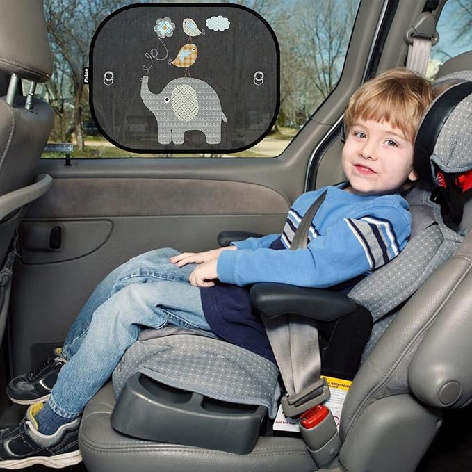Car Sun Shades for Baby, 2 Pack Mesh Window Shade Baby Kids Pet with Cute Animal Motifs, Side Window Screens for SUV, 17"x14" Universal Car Sun Shades with Suction Cups