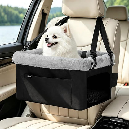 JOEJOY Deluxe Dog Booster Seat with Sturdy Metal Frame and Safety Leash for Small Pets up to 20 lbs - Portable Puppy Dog Car Seat with Thick Cushion and Storage Pockets for Small Dogs, Black