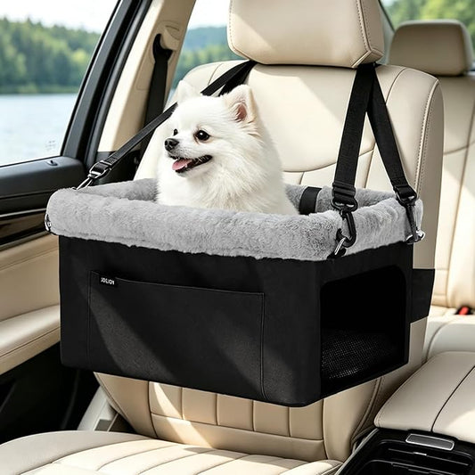 JOEJOY Deluxe Dog Booster Seat with Sturdy Metal Frame and Safety Leash for Small Pets up to 20 lbs - Portable Puppy Dog Car Seat with Thick Cushion and Storage Pockets for Small Dogs, Black