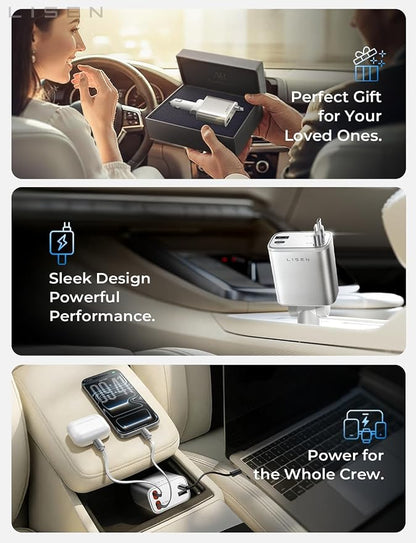 LISEN Retractable Car Charger for iPhone, for iPhone 17 Pro Max 16 15 14 13 12 Plus Mini, Cute 4 in 1 Retractable USB C Car Charger Fast Chareg for Women Men, 84W Fast Charging Car Accessorie | Multiple Ports Car Charger, Retractable Car Charger Fast C...
