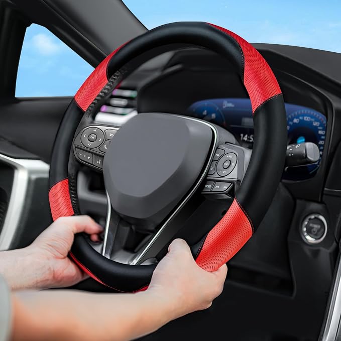 Soft Leather Steering Wheel Cover with Breathable Design and Anti-Slip Grip, Specially Designed for 14.5-15.2 inch Circular Steering Wheels