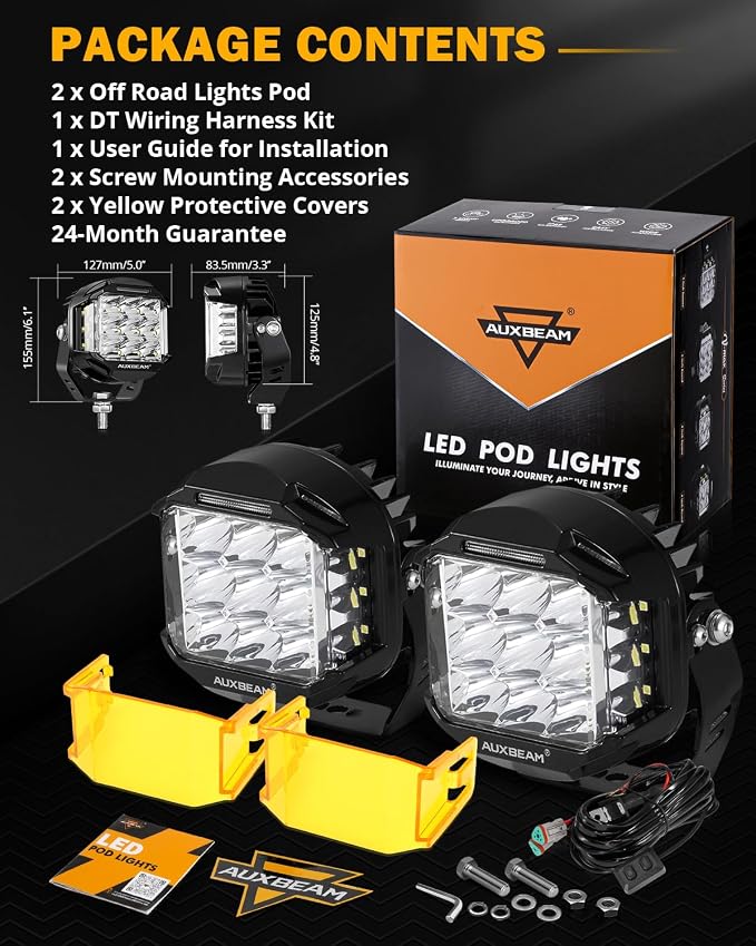 Auxbeam V-MAX Series 5 in LED Light Pods, 168W Offroad Side Shooter Round Driving Lights Pod with 3 Modes Amber DRL, 270° Wide Range Universal Auxiliary Light with Covers for Truck Jeep SUV ATV UTV