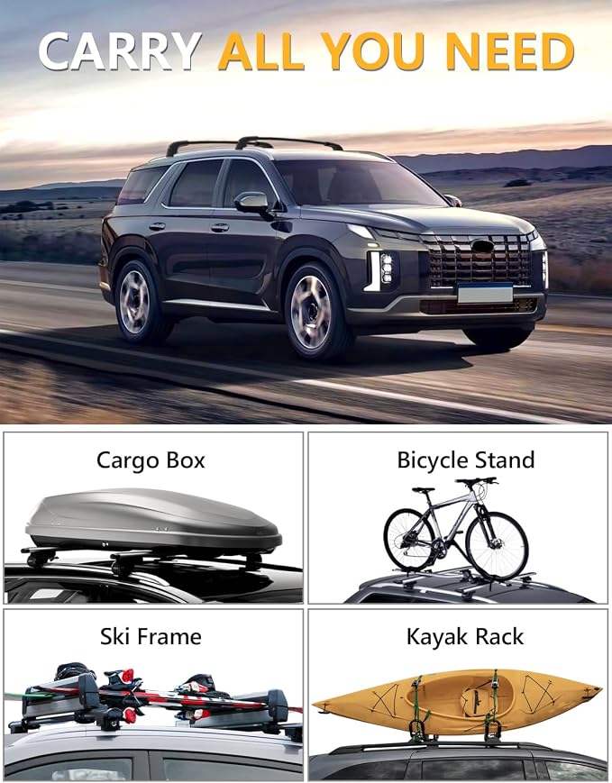 Tuyoung 300lbs Roof Rack Cross Bars Compatible with Hyundai Palisade 2019-2025 SE SEL XRT Limited Calligraphy, Lockable Heavy Duty Anti-Theft Aluminum Rails Crossbars Cargo Carrier Bag