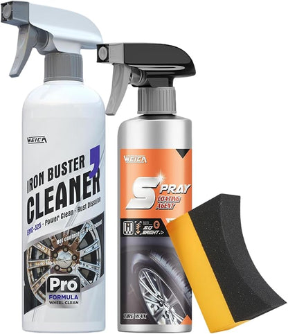 Wheel & Tire Care Kit: Acid Wheel Cleaner (500ml) + Tire Shine Spray (300ml) with Brush & Microfiber Towel