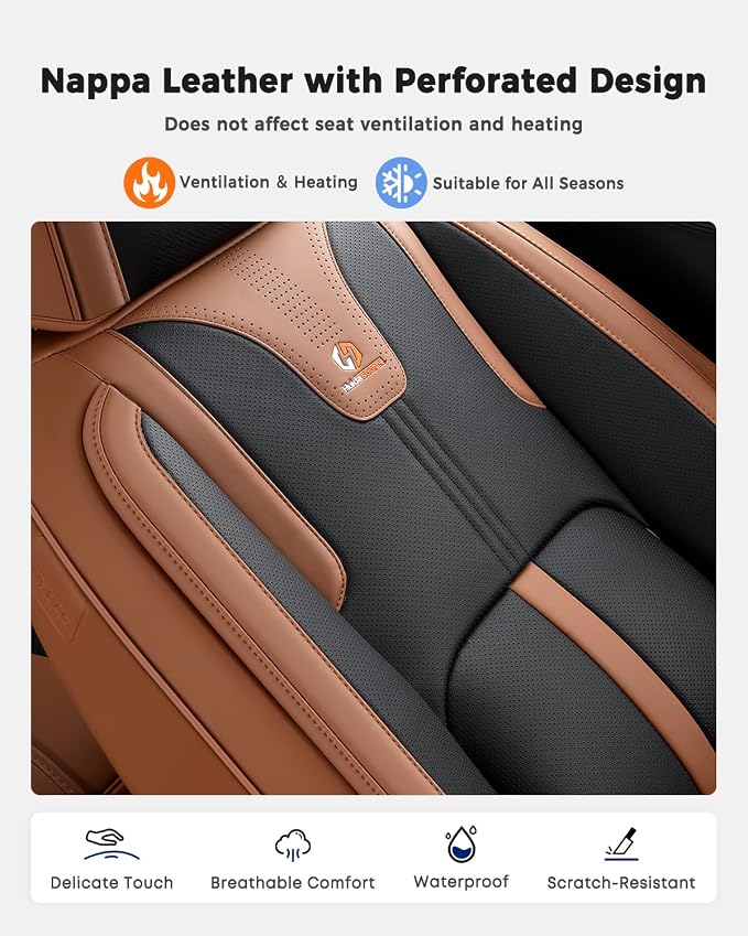 Huidasource Seat Covers Luxury Nappa Leather, Car Seat Covers Full Set with Velcro Adjustable, Airbag, Lumbar Support, Cooling＆Heating, Brown Car Seat Cover Fit for Most Cars SUV Trucks, Brown＆Black