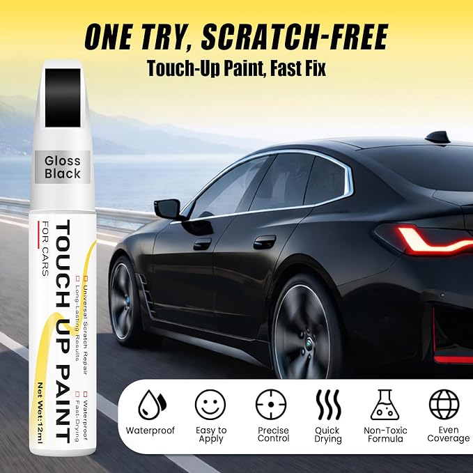 Gloss Black Touch Up Paint for cars, 2-in-1 Brush & Tip, 0.4 fl oz - Universal Car Scratch Repair Pen for Scratches & Scuffs, OEM Color Match, Quick-Dry & Long-Lasting