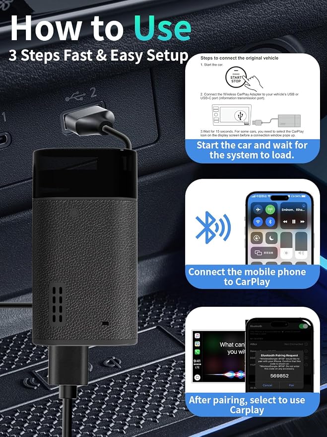 4in1 Wireless Adapter for Apple CarPlay&Andriod Auto&AirCast&MiraCast with Auto Emergency Rescue Device, Connection for Convert Wired to Wireless and Safety