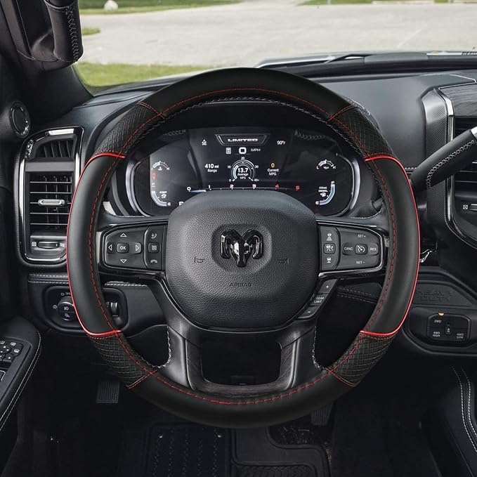 Steering Wheel Cover for Dodge 1989-2011 RAM 1500 2500 3500, Charger, Durango, Challenger - Rugged Durability & Interior Upgrade for Dodge 14.5-15 inch (Red-Standard Size)