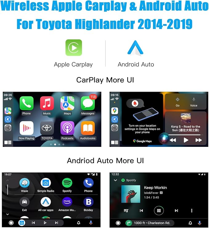 Wireless Carplay Android Auto Adapter for Toyota with Entune2.0 2014-2019, Fits for Tundra/Highlander/RAV4/Tacoma/Camry/Corolla/Avalon/Prius/CH-R/Sienna (FT-Adapter)