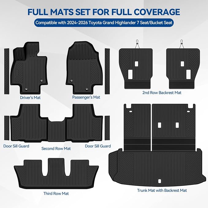 Custom Fit Floor Mats for 2024-2026 Toyota Grand Highlander 7 Seat/Bucket Seat, All Weather TPE Floor Liners & Trunk Mat & Backrest Protectors & Door Sill Guard, Full Set Interior Accessories