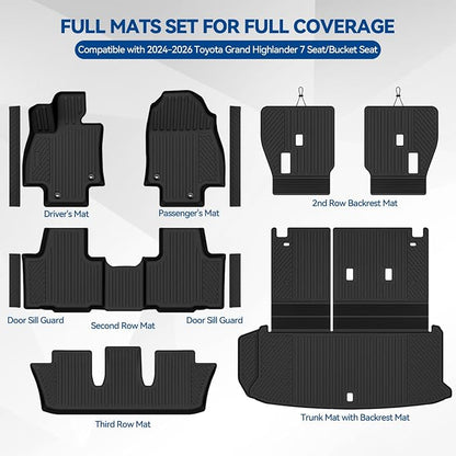 Custom Fit Floor Mats for 2024-2026 Toyota Grand Highlander 7 Seat/Bucket Seat, All Weather TPE Floor Liners & Trunk Mat & Backrest Protectors & Door Sill Guard, Full Set Interior Accessories