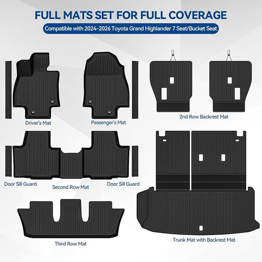 Custom Fit Floor Mats for 2024-2026 Toyota Grand Highlander 7 Seat/Bucket Seat, All Weather TPE Floor Liners & Trunk Mat & Backrest Protectors & Door Sill Guard, Full Set Interior Accessories