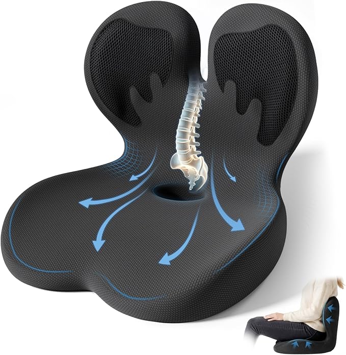 Seat Cushion,Office Chair Cushion with Lumbar Support,Memory Foam Car Orthopedic Cushion,Ergonomic Designed for Long Sitting,Tailbone & Back Pain Relief,Sciatica Pillow for Office,Car,Home Chair