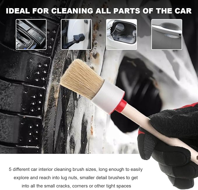 10PCS Car Detailing Brush Set, Auto Detail Dust Brushes with Premium Boar Hair & PP Bristles, Interior Exterior Cleaning Tool Mixed Hair Brush Kit for Air Vents, Seats, Wheels