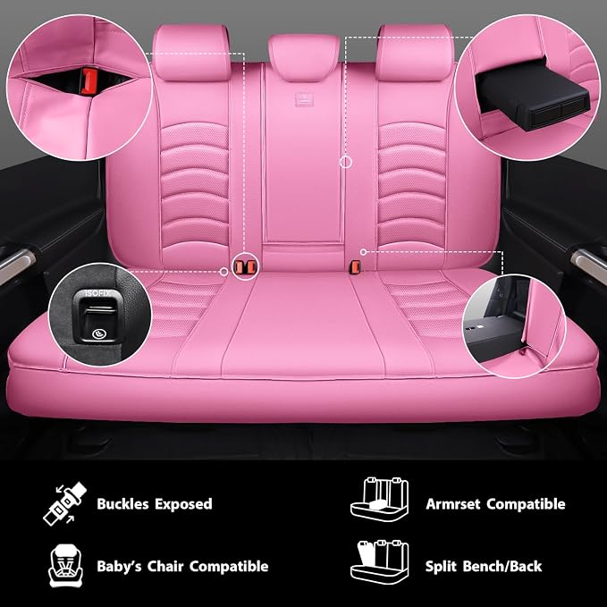 CAR PASS 3D Foam PU Leather Car Seat Covers, Universal Seat Covers Full Sets for Trucks SUV Sedan Automotive Seat Covers Armrest Airbag Compatible Waterproof Comfortable Faux Nappa Leather All Pink