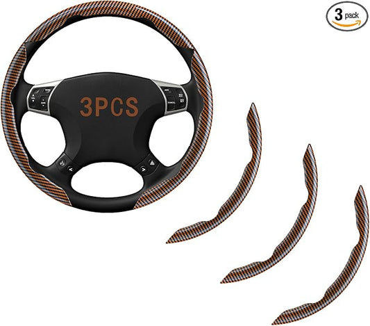 Steering Wheel Covers, 3PCs Carbon Fiber Anti-Skid Clip on Car Steering Wheel Cover Protector Universal for Most Car Wheel (Brown)