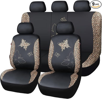 Flying Banner Butterfly car seat Covers ful Set Fashion Universal Lady Woman Female Rear Bench Split Colorized (Full Set - Faux Leather, Leopard Brown)