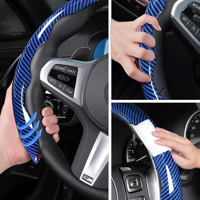 Car Steering Wheel Cover Set Bright Carbon Fiber Wrap Non-Slip 3pcs Steering Wheel Accessories 14.5-15 inch Universal (Blue)