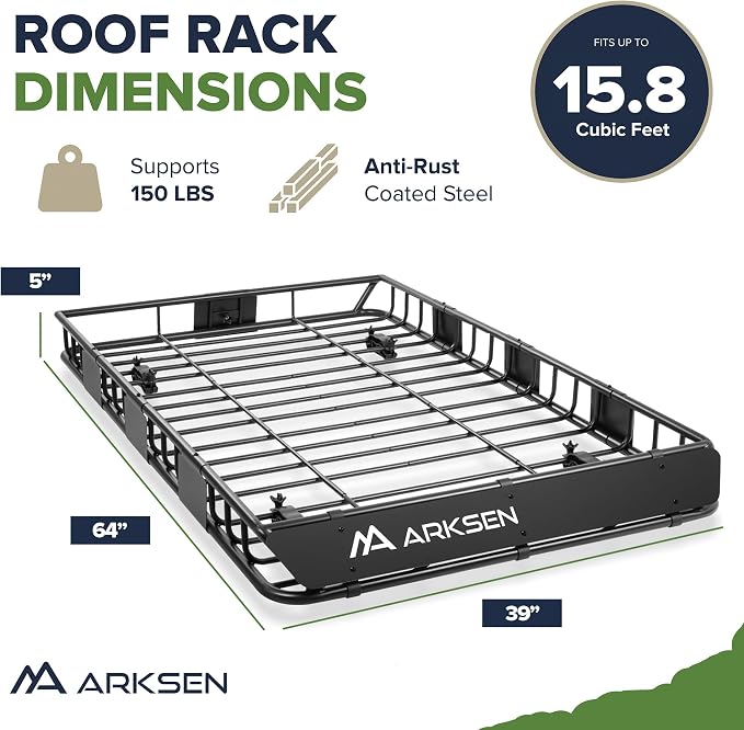 ARKSEN 64" x 39" x 5" Roof Rack Cargo Basket with Extension, Heavy Duty Steel Rooftop Cargo Carrier with Net & Tie Down Straps, 150 lbs Capacity, Universal Fit for SUV, Truck, RV, Pickup