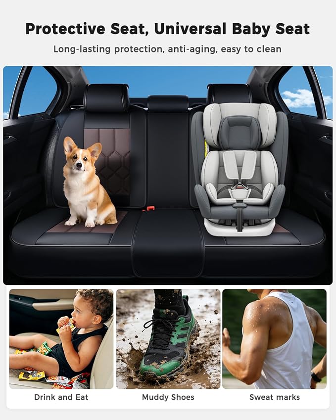 Huidasource Seat Covers Full Set, Universal Fit for Most Cars SUVs Trucks, Full Coverage Leather Seat Cover, Airbag, Cupholder Compatible, Seat Function Retain, Easy Install with Velcro, Black&Coffee
