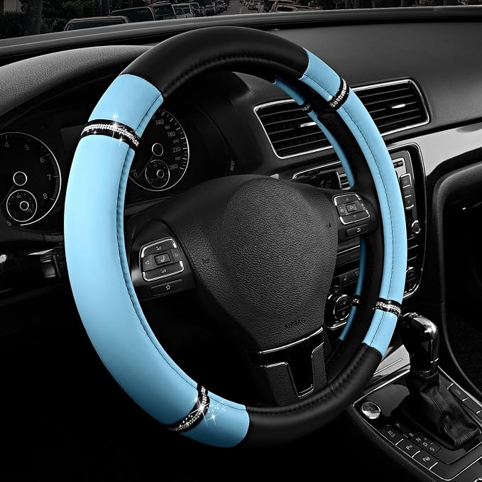 Road Comfort Leather Steering Wheel Cover – Premium Anti-Slip Car Steering Wheel Grip Cover – Universal Fit for 14.5”–15” Cars, Trucks & SUVs - Blue