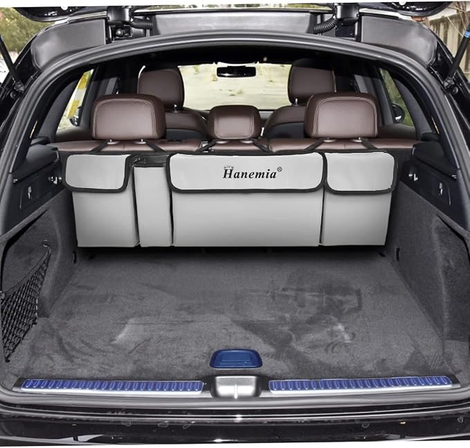 Car Trunk Organizer and Storage, Backseat Hanging Organizer for SUV, Truck, MPV, Waterproof, Collapsible Cargo Storage Bag with 4 Pockets, Car Accessories for Men and Women (Beige)