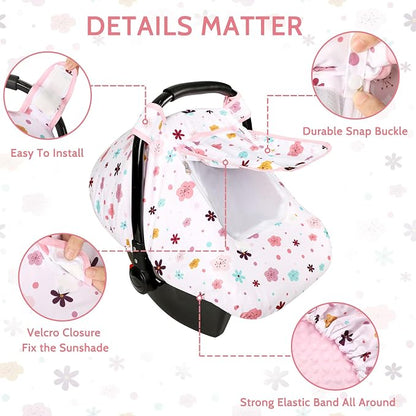 Pea Pod Car Seat Cover Baby, Infant Car Seat Canopy Covers with 2 Layers Windows of Breathable Mesh Fabric, Lightweight Polyester, Soft Minky Dot Backing (Floral Pattern)