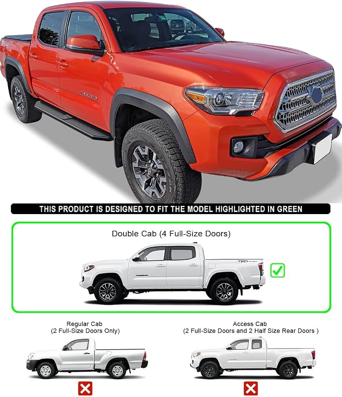 APS 6-inch (Black Stainless Steel Powder Coated Flat Style) Running Boards Nerf Bars Side Steps Compatible with Toyota Tacoma 2005-2023 Double Crew Cab